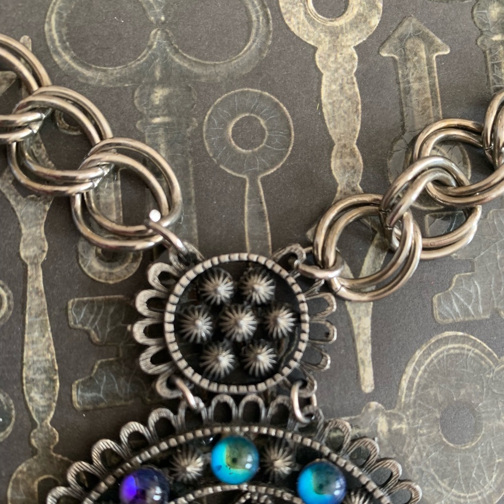 Estate Blue Purple Glass Beaded Medallion Necklace Jewelry Moroccan Boho Hippie - Picture 5 of 10